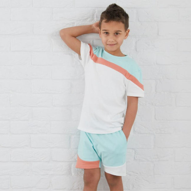 Mint, Peach & White Block Colour Personalised Embroidered Top & Shorts