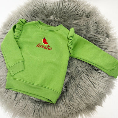 Fruits Personalised Embroidered Frill Sleeve Jumper - Various Coloured Jumpers (Size Up Recommended)