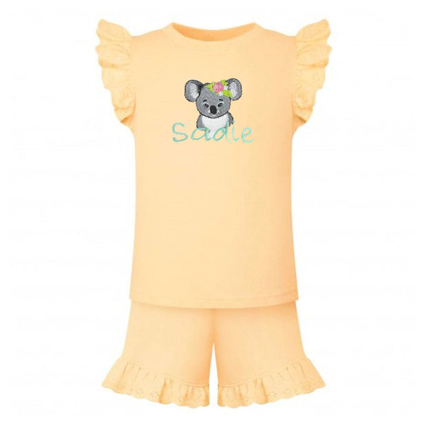 Animal Personalised Embroidered Frill Broderie Top & Shorts Set - Apricot