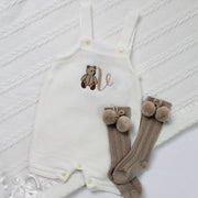 Embroidered Ivory Short Knit Dungarees - Teddy Bear