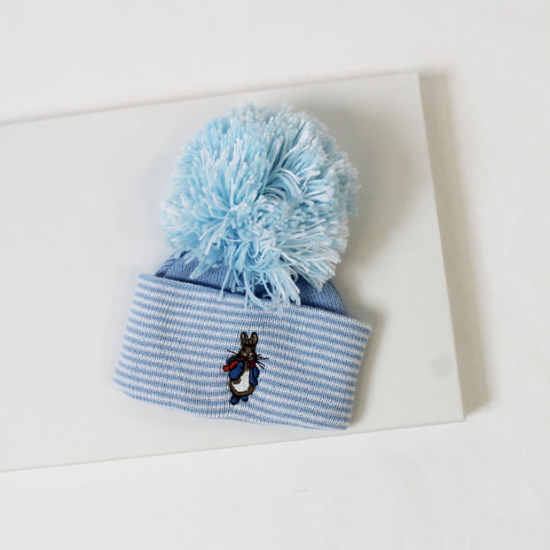 Blue Striped Rabbit Embroidered Pom Pom Hat