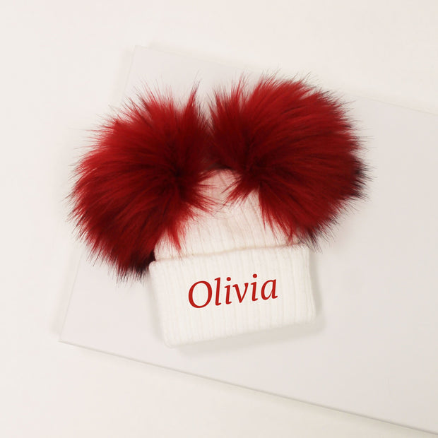 White & Red Double Faux Fur Pom Hat (With or Without Personalisation)