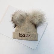 Beige Double Faux Fur Pom Hat (With or Without Personalisation)