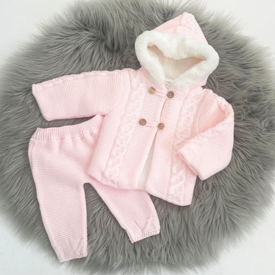 Pink Knit Jacket with Faux Fur hood & knit trousers