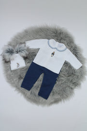 Rabbit Embroidered White Jumper & Navy Blue Trousers Knitted Outfit