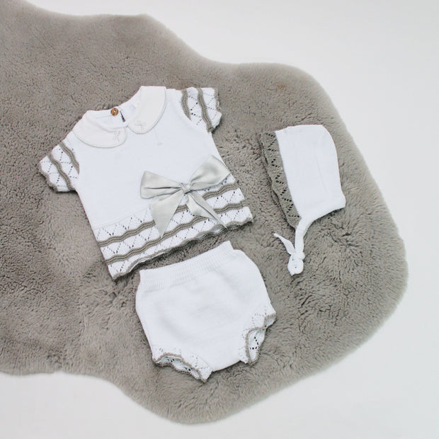White & Grey Bows 3 Piece Outfit With Bonnet