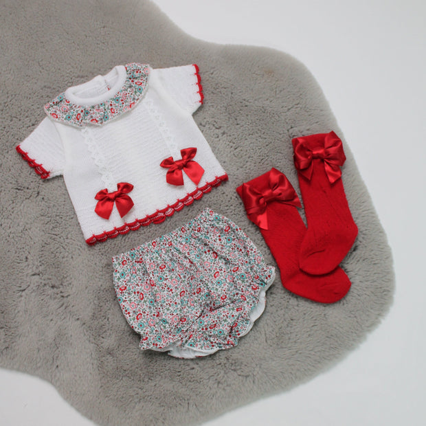 Red & White Floral Knit Top & Bloomers