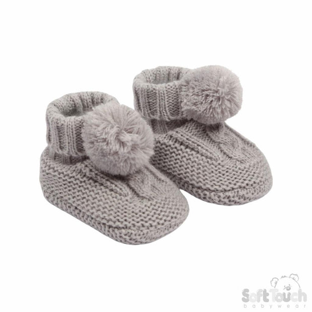 Elegance Cable and Pom Booties - Grey