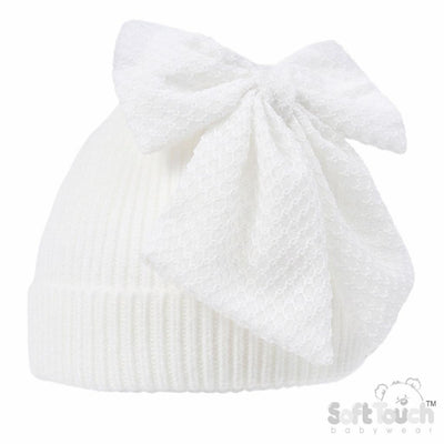 White Chenille Ribbed Hat with large bow