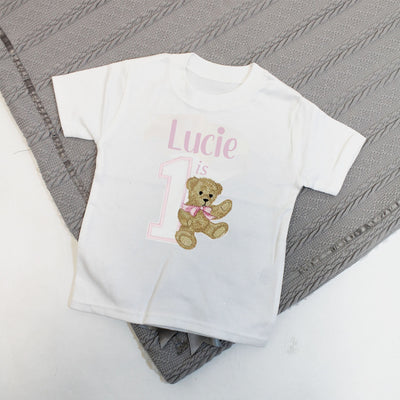 Vintage Teddy Girly Birthday Personalised Embroidered T-Shirt (Various Coloured T-Shirts)