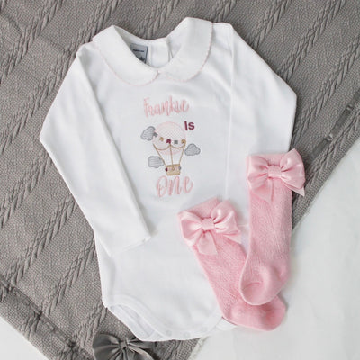 Embroidered Personalised Birthday Babyvest - Pink Hot Air Balloon