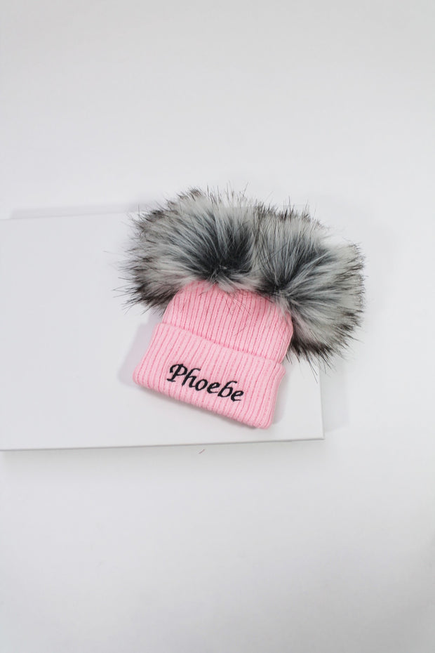 Pink & Grey Double Faux Fur Hat (With or Without Personalisation)