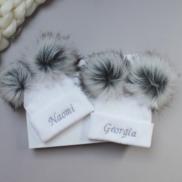 White & Grey Double Faux Fur Hat (With or Without Personalisation)