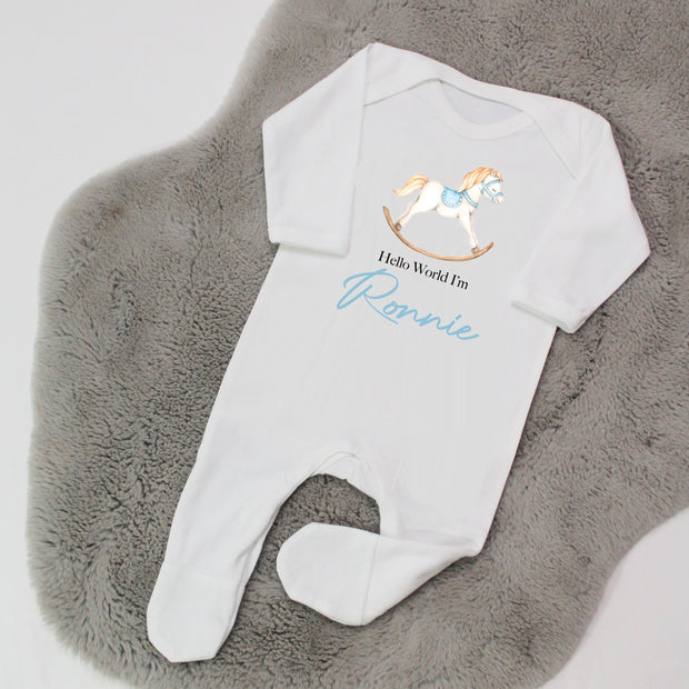 Hello World Personalised Baby Rompersuit - Rocking Horse