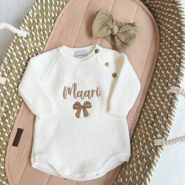 Beige or White Knitted Personalised Embroidered Romper - Bow