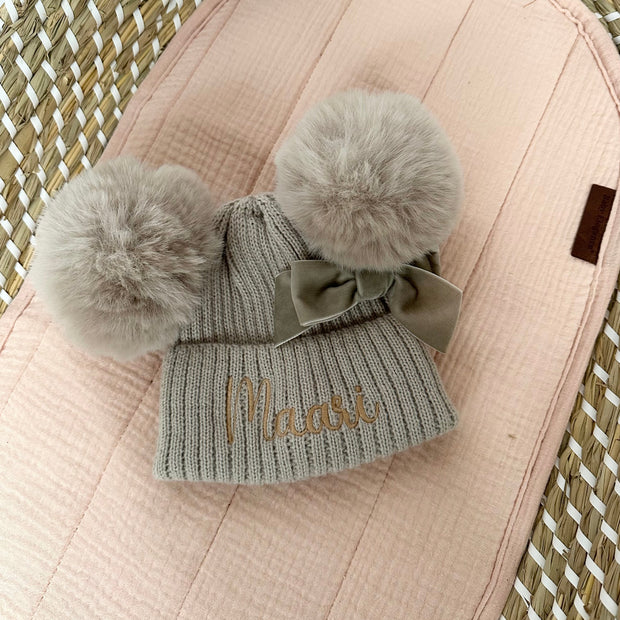Personalised Embroidered Hat With Velvet Bow - Beige