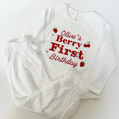 Embroidered Personalised Birthday Frill Pyjamas - Berry Birthday