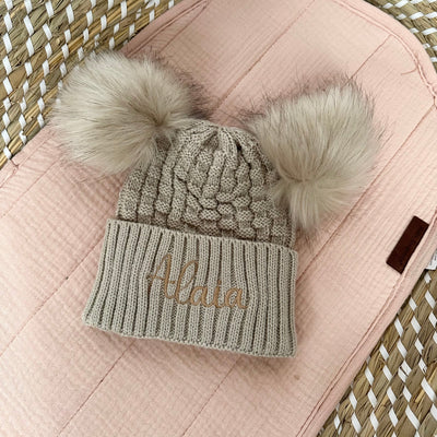 Personalised Checkered Knit Double Pom Hat - Beige
