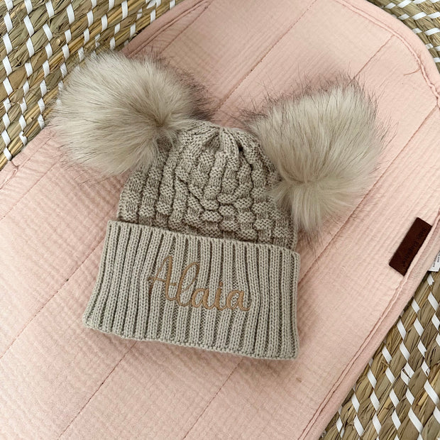Personalised Checkered Knit Double Pom Hat - Beige