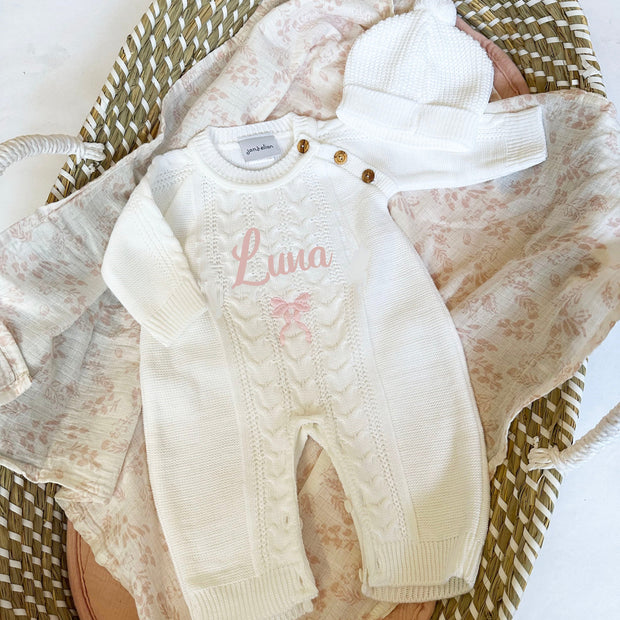 White or Beige Knitted Personalised Embroidered Romper & Hat - Name & Bow