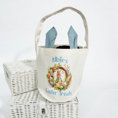 'Name's Easter Treat' Personalised Printed Easter Basket & Handle with Blue Ears