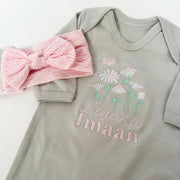 Daisy & Butterfly Embroidered Personalised Sleepsuit (headband sold separately)