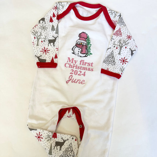 Embroidered My First Christmas Personalised Sleepsuit - Snowman