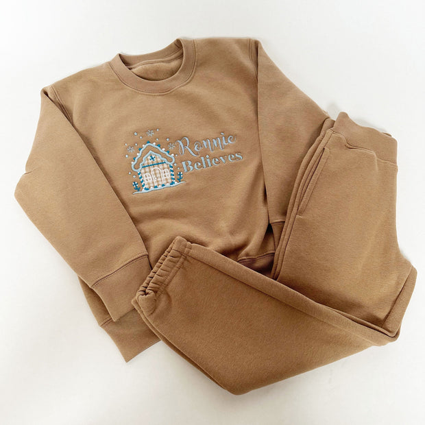 'Name Believes' Gingerbread House Personalised Embroidered Jumper & Joggers