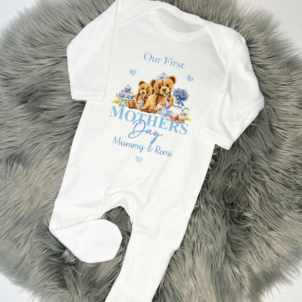 Our First Mother's Day Printed Personalised Sleepsuit - Blue Teddy Design