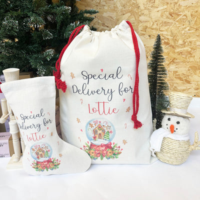 Linen Large Printed Personalised Santa Sack/ Stocking -Various Designs