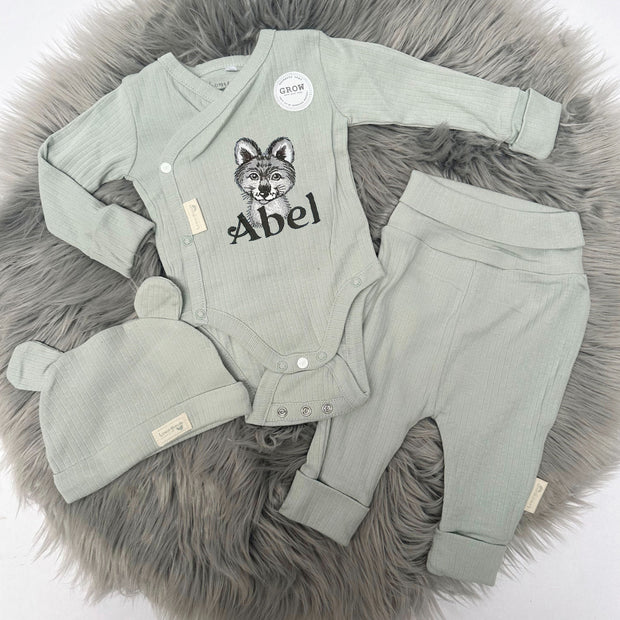 Animal Embroidered Personalised Organic 'Grow with me' Set - Sage Green