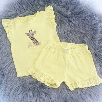 Animal Personalised Embroidered Frill Broderie Top & Shorts Set - Lemon