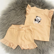 Animal Personalised Embroidered Frill Broderie Top & Shorts Set - Hazelnut
