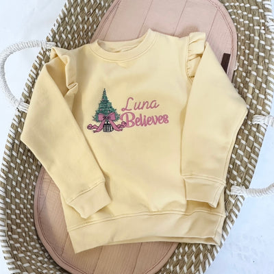 Tree Christmas Personalised Embroidered Frill Sleeve Jumper (Size Up Recommended)