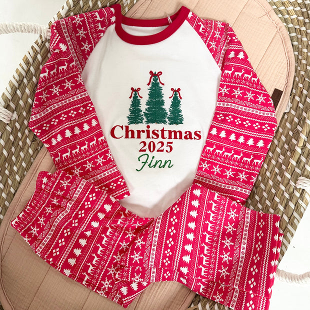 Personalised Embroidered Christmas Pyjamas - Trio Trees & Bows