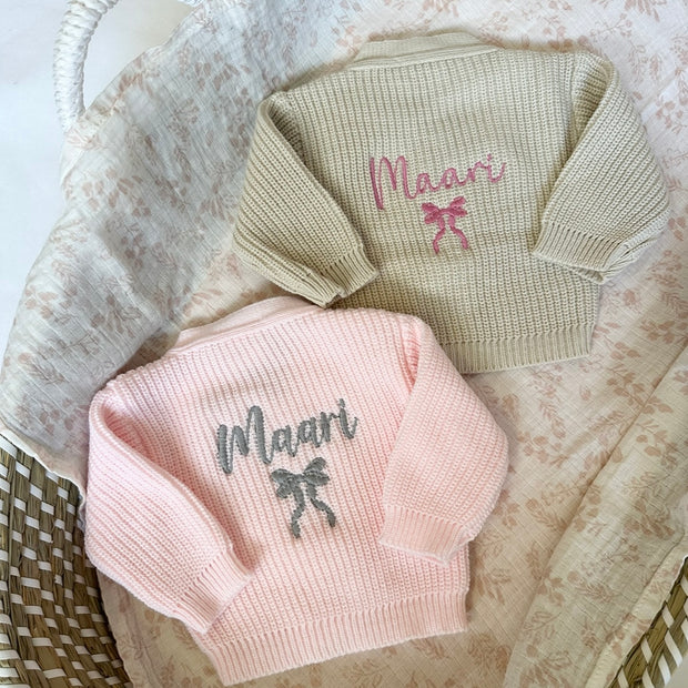 'Name' Bow Knit Personalised Embroidered Cardigan - Beige or Pink