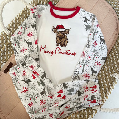 Personalised Embroidered Christmas Pyjamas - Highland Cow