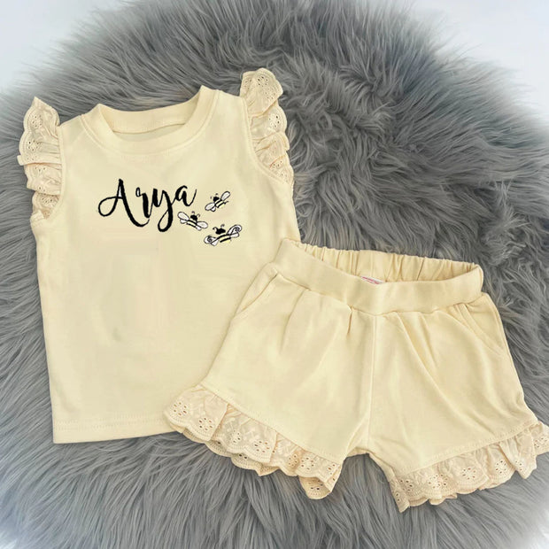 Personalised Embroidered Frill Broderie Top & Shorts Set - Various Summer Design's