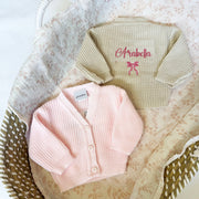 'Name' Bow Knit Personalised Embroidered Cardigan - Beige or Pink