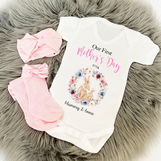 Our First Mother's Day Printed Babyvest - Bunny & Wreath