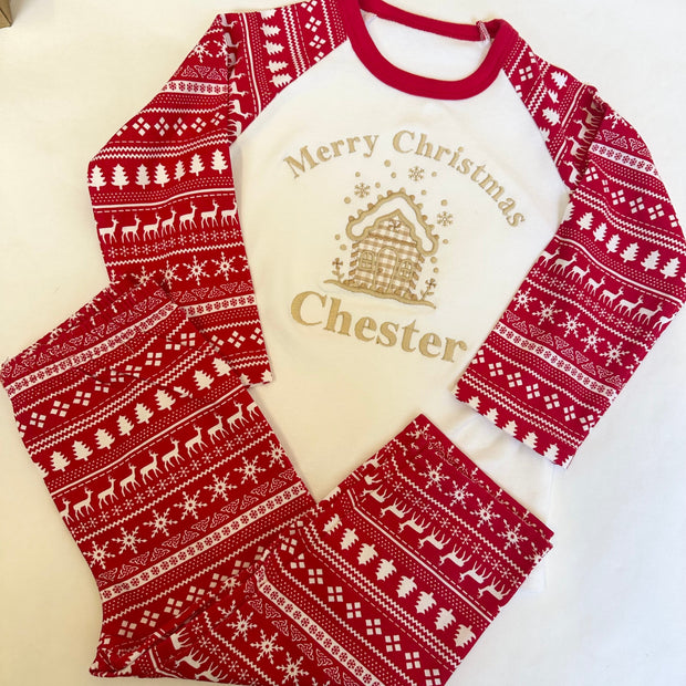 ‘Merry Christmas’ Personalised Embroidered Christmas Pyjamas - Beige Gingerbread House