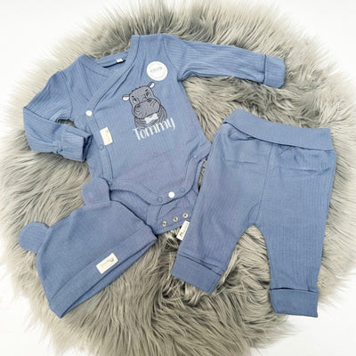 Animal Embroidered Personalised Organic 'Grow with me' Set - Dusky Blue