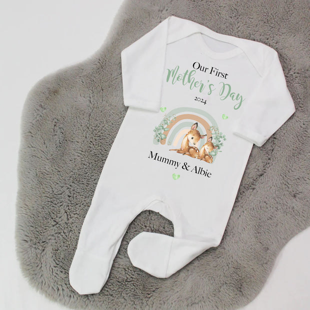 Our First Mother's Day Printed Personalised Sleepsuit - Rainbow Deer Design