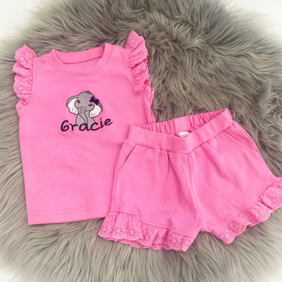Animal Personalised Embroidered Frill Broderie Top & Shorts Set - Fuschia