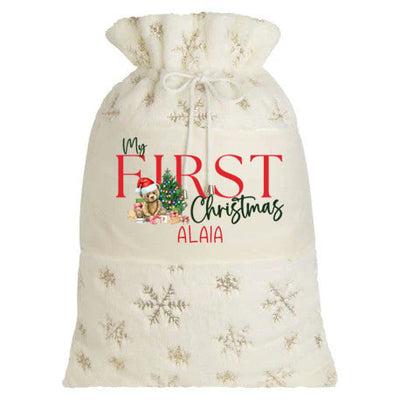 Cream or Grey Plush Large Personalised Christmas Sack - My First Christmas