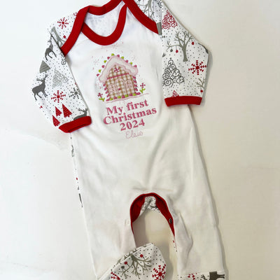 Embroidered My First Christmas Personalised Sleepsuit - Gingerbread House