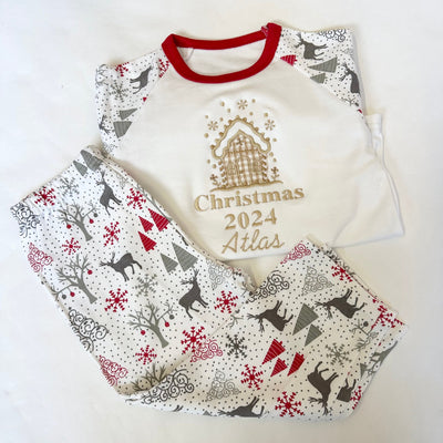 Personalised Embroidered Christmas Pyjamas - Beige Gingerbread House