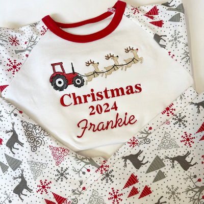 Personalised Embroidered Christmas Pyjamas -Tractor Reindeer