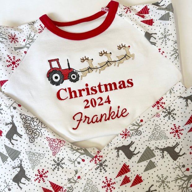 Personalised Embroidered Christmas Pyjamas -Tractor Reindeer