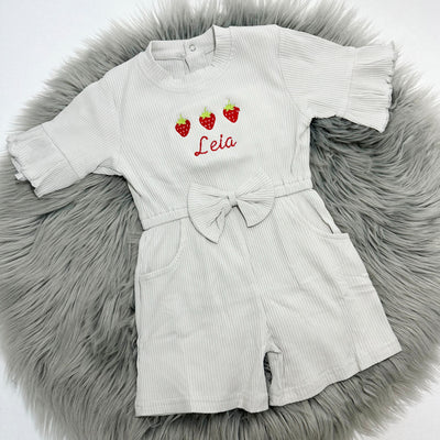 Fruit Personalised Embroidered Ribbed Bow Detail Playsuit - Various Fruits